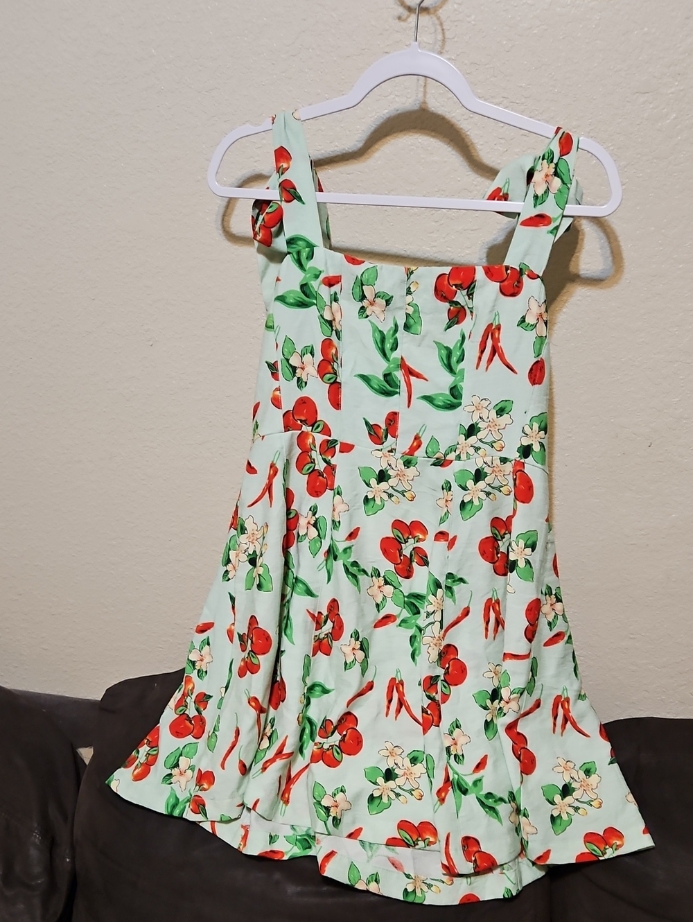 Umgee Mint Green Mini Dress with Red Cherry Floral Pattern